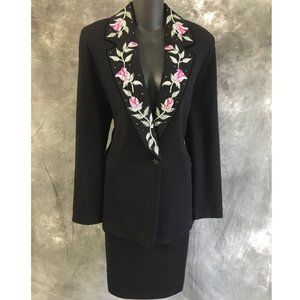 St. John Black Skirt Set with Pink Floral Embroidery